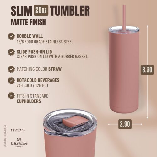Slim Tumbler & Custom Name - Lid & Straw  - Stainless Steel Matte, 20oz - Image 4