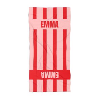 Beach Towel & Custom Name on Two Areas - pink and red striped - Cotton Blend