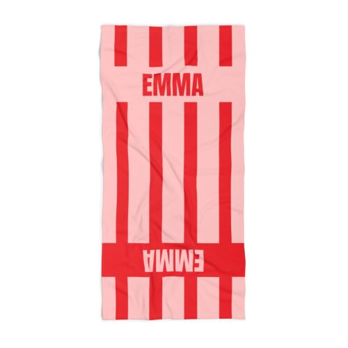 Beach Towel & Custom Name on Two Areas - pink and red striped - Cotton Blend