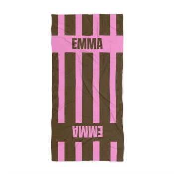 Beach Towel & Custom Name - Pink and Brown striped - heavyweight Cotton Blend